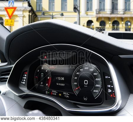 Close Up Shot Of A Fully Digital Dashboard. Car Digital Dashboard. Dashboard Details With Indication