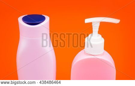 For Shampoo And Bodywash. Refillable Bottles Closeup. Bottles With Flip Cap And Pump Dispenser