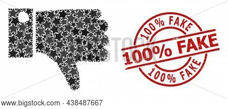 Thumb Down Star Pattern And Grunge 100 Percent Fake Seal Stamp. Red Seal With Grunge Texture And 100
