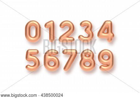 Copper Numbers Vector Set. 3d Realistic Metal Characters. Decorative Elements For Banner, Cover, Bir