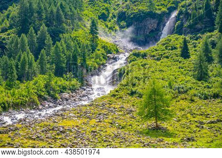 Wild Alpine Waterfall On Schlatenbach Mountain Stream. Gschloesstal Valley, Hohe Tauern National Par