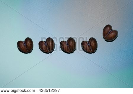 Imperfect Row Of Five Ripe Brown And Blue Natural Heart Shaped Plums In Centre Of Multicolored Peach