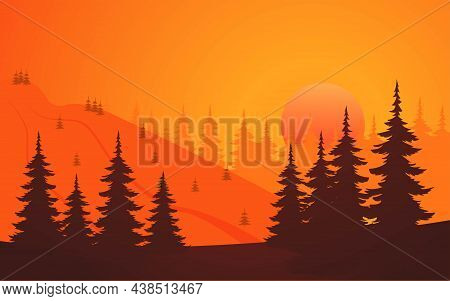 Summer Landscape With Coniferous Forest And Mountain Slope At Sunset. Flat Vector Illustration.