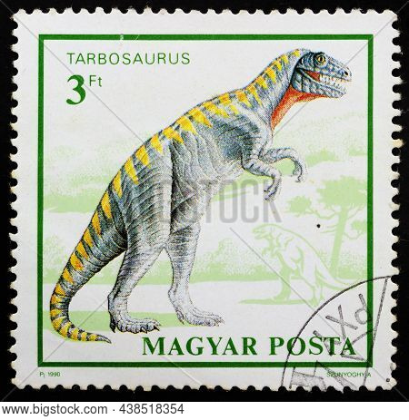 Hungary - Circa 1990: Postage Stamp 'tarbosaurus' Printed In Hungary. Series: 'dinosaurs', 1990