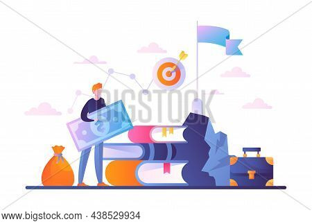 Man Sets Goals. Character Standing With Money In His Hands. Education As Way To Accomplish Tasks. Re