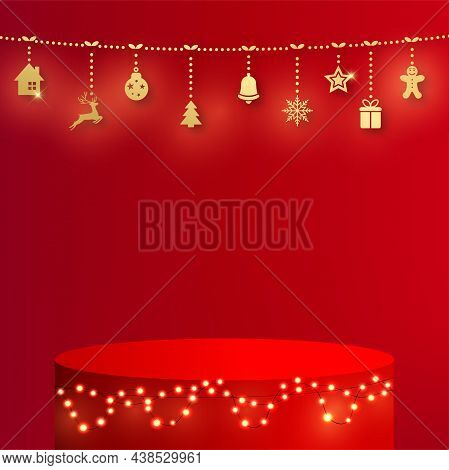 Red Roud Chinese Style Podium For New Year And Festivals. Vector Illustration