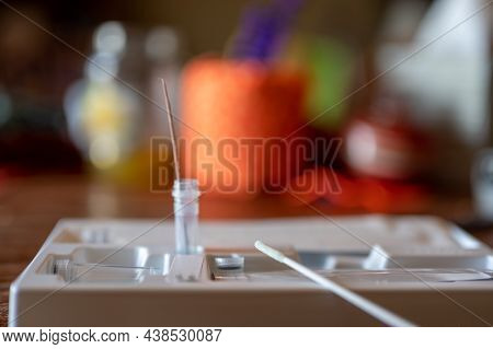 Selective Focus On Swab Of An At Home Rapid Covid Test Kit