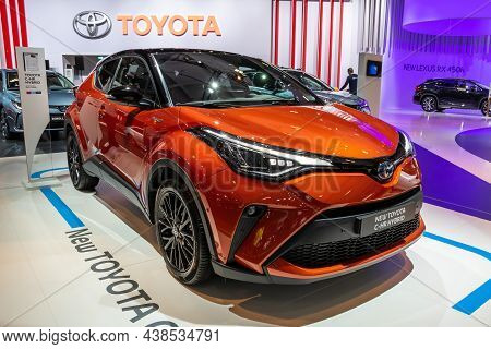 Toyota C-hr Hybrid Car Showncased At The Autosalon 2020 Motor Show. Brussels, Belgium - January 9, 2
