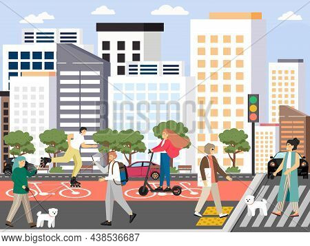Pedestrian Traffic. People Walk In Street, Cross Road At Crosswalk On Green Light, Roller Skate, Rid
