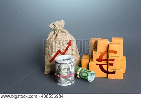 Euro Money With Goods And An Arrow Up. Growing Profits. Increasing Consumption, Trade Balance. High 
