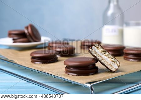 Tasty Choco Pies On Cooling Rack. Snack Cakes