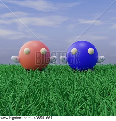 3d Illustration Of 2 Individuals Standing In The Green Grass On A Clear Nice Blue Sky Day
