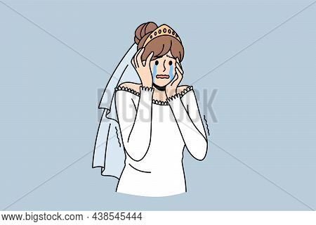 Abandoned Bride, Deception, Betrayal Concept. Young Sad Depressed Crying Woman Wife Or Bride Standin