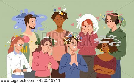 People With Different Thoughts And Feelings. Happy And Sad Men And Women Think, Solve Mental Problem
