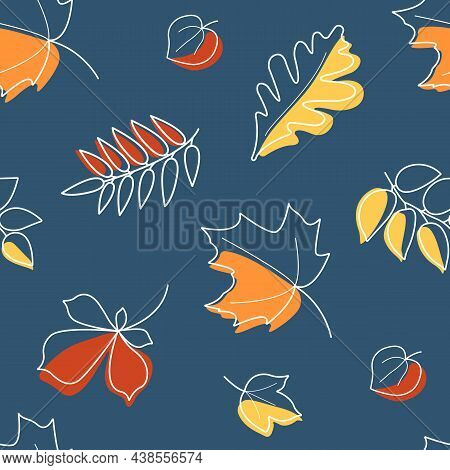 Seamless Pattern With Autumn Leaves. Doodle Style. Blue Background
