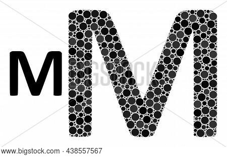 Mu Greek Symbol Vector Collage Of Circle Dots In Variable Sizes And Color Tones. Round Dots Are Comb