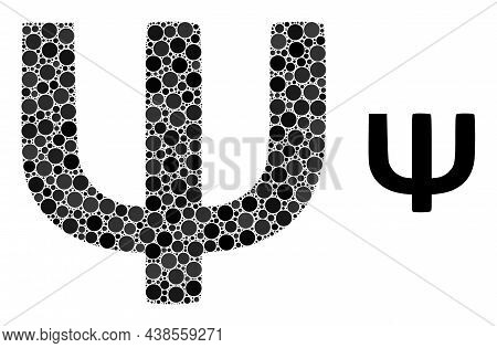Psi Greek Symbol Vector Collage Of Dots In Variable Sizes And Color Shades. Circle Dots Are Grouped 