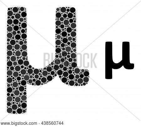 Mu Greek Lowercase Symbol Vector Collage Of Circle Dots In Variable Sizes And Color Tinges. Circle E