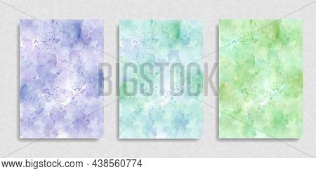 Set Of Abstract Blue, Green And Mint Watercolor Paint Spalsh Vector Background. Brush Art Ink Water 