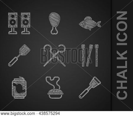 Set Bbq Skewers, Homemade Pie, Spatula, Matches, Soda Can, Fish And Stereo Speaker Icon. Vector