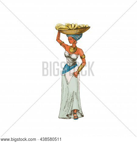 African Woman Carries A Basket With Branch Fresh Banana On Her Head. Vintage Vector Hatching Color H