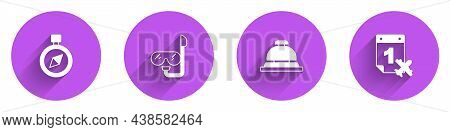 Set Compass, Diving Mask And Snorkel, Hotel Service Bell And Calendar Airplane Icon With Long Shadow