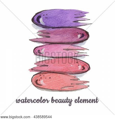 Watercolor Makeup Red, Purple And Violet Smear On White Background. Fashion Illustration