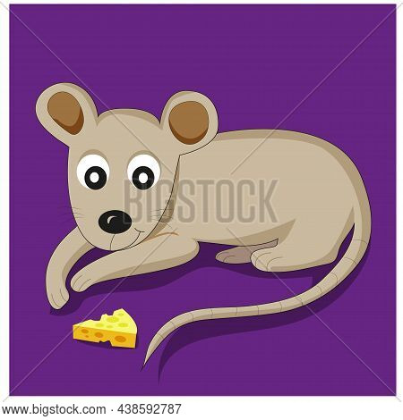 Character Illustration Cartoon Mouse Lovely Lying On The Purple Background Looking At Cheese For Mak