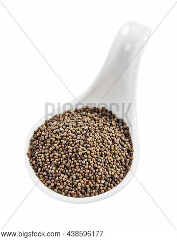 Perilla Herb Seeds In White Spoon Isolated On White Background, Save Clipping Path.