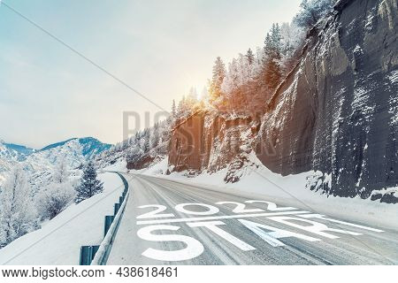 2022 Start, Concept Of Road To New Life. Motivational Inscription On The Road Going Forward. Beginni