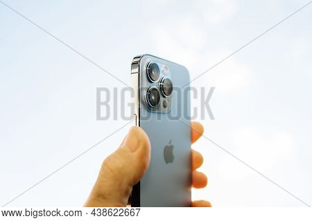 Paris, France - Oct 21, 2021: Close-up Of New Latest Apple Computers Iphone 13 Pro With All Three Re