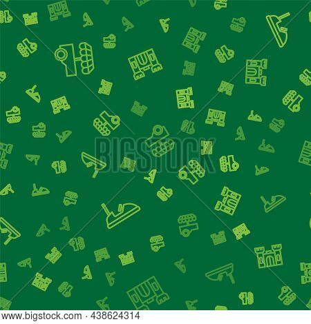 Set Line Fast Street Food Cart, Bumper And Castle On Seamless Pattern. Vector