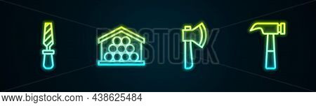 Set Line Rasp Metal File, Wooden Logs, Axe And Hammer. Glowing Neon Icon. Vector
