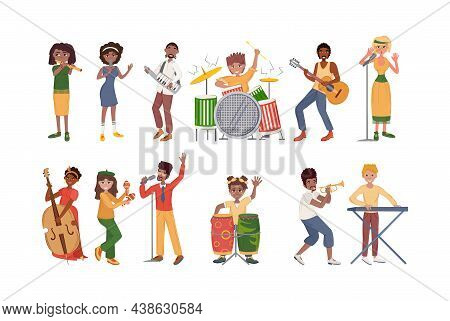 People Playing Musical Instruments Set. Afro-american, Europeans Men, Woman Musicians Playing Musica