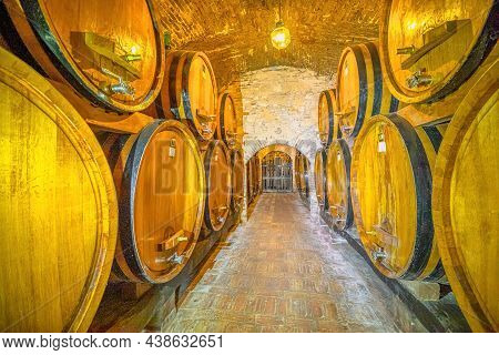 Montepulciano, Tuscany, Italy - October 28, 2021: Wine Barrels In Wine Cellar Of Contucci Winery Of 
