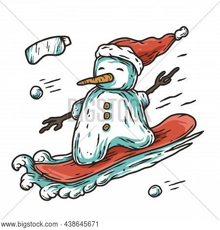 Winter Snowman On Snowboard For Print Design. Winter Ice Design With Iceman, Snowball And Snow Goggl