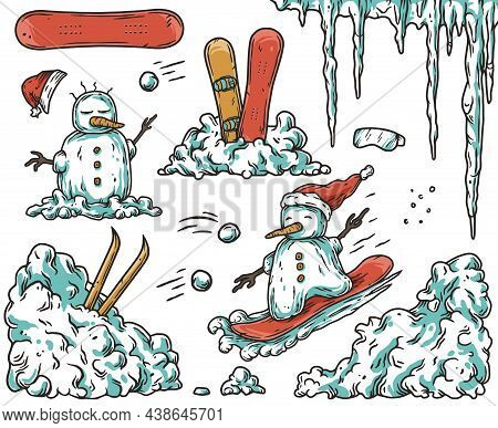 Winter Set Of Winter Elements For Design With Snowman And Snowdrift. Snow Iceman, Snowboard And Skis