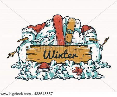 Winter Snowmans And Snowdrift For Design Background. Snow Ice Design With Iceman, Wooden Plaque And 