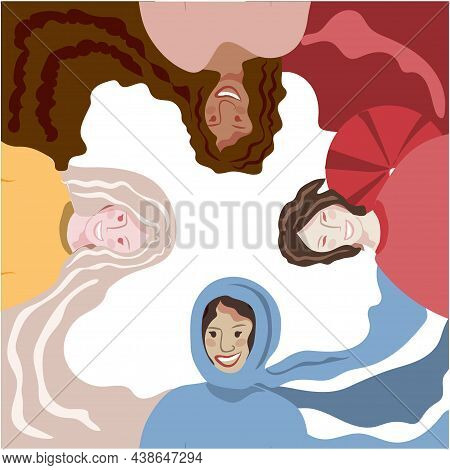The Concept Of Happy Girls Of Different Races. Women's Day. They're Smiling. Happy Girls In Differen