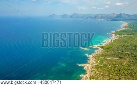 Beautiful Coast Beach Drone Landscape Panorama Can Picafort Mallorca Spain.