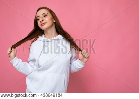 Shot Of Attractive Happy Young Woman Wearing Casual Outfit Standing Isolated Over Colourful Backgrou