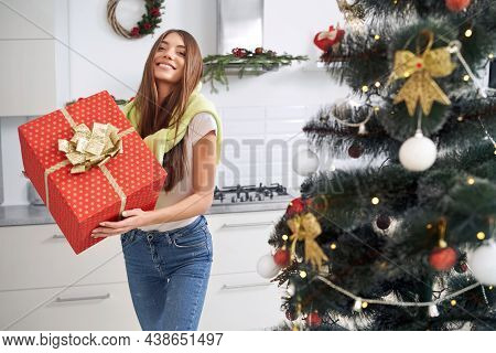 Beautiful Smiling Woman Standing In Kitchen And Holding Pretty Bix Red. Concept Of Christmas Mood.