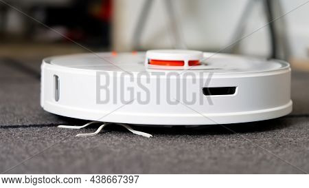 Tallinn, Estonia - October 10, 2021: Xiomi S7 Roborock Vacuum Cleaner Performs Automatic Cleaning Of