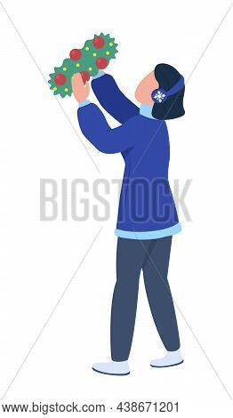 Girl Decorating For Christmas Semi Flat Color Vector Character. Dynamic Figure. Full Body Person On 