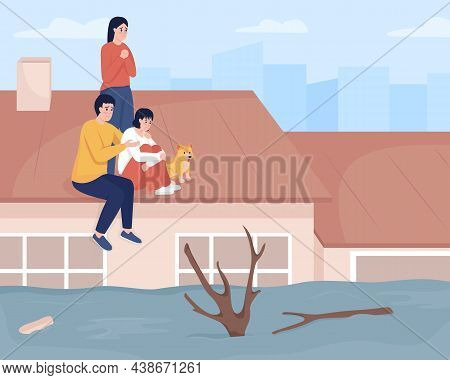 Experiencing Heavy Rain Consequences Flat Color Vector Illustration. Flood Risk. Couple With Teenage
