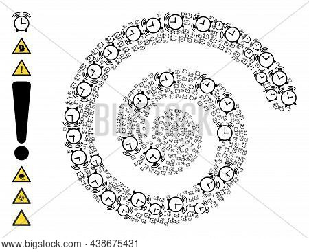 Alarm Clock Icon Spiral Twirl Mosaic. Alarm Clock Icons Are United Into Twirl Vector Illustration. O