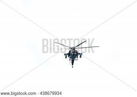 Moscow, Russia - May, 09, 2021: Mi-35m Attack Helicopters In The Sky Over Moscow During The Parade D