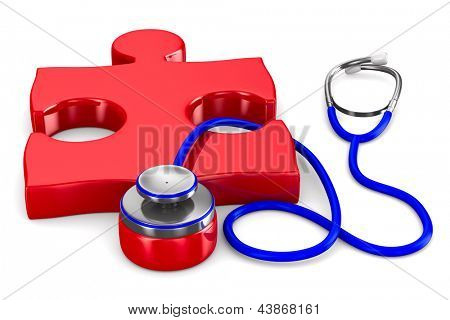 Stetoscopio e puzzle su sfondo bianco. Immagine 3D isolato