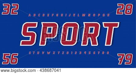 American Football Alphabet. High Font, Red Letters And Numbers With White Contour. Contemporary Type
