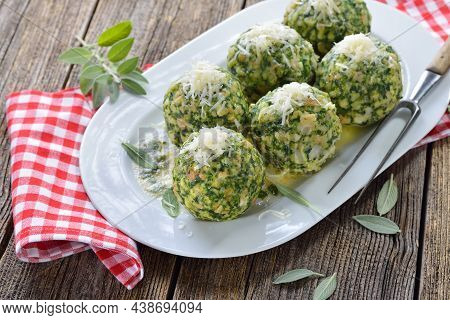 Homemade Traditional South Tyrolean Spinach Dumplings Made Of White Bread And Fresh Spinach Leaves, 